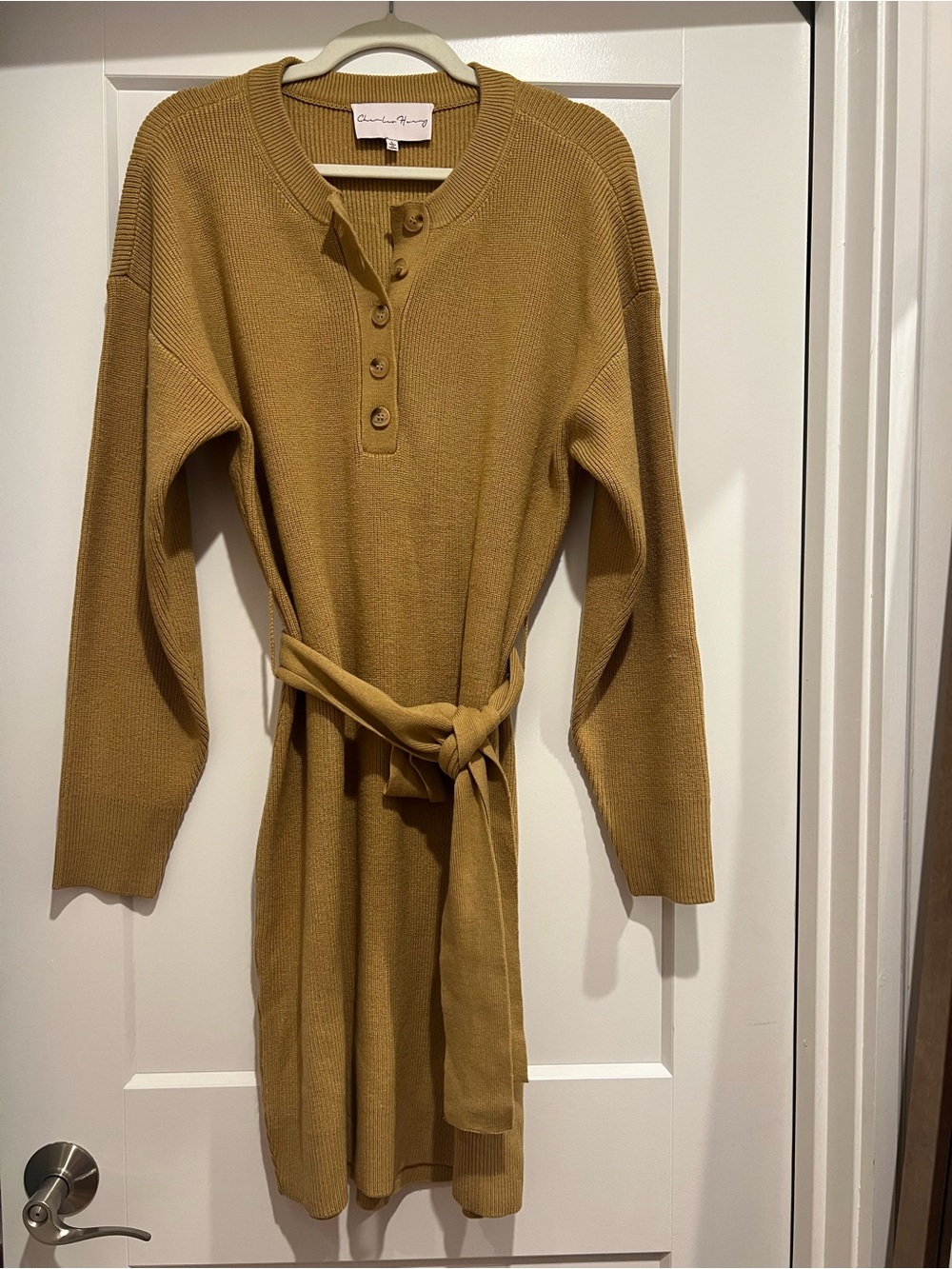 Charles Henry Tan Henley Knit Belted Sweater Dress